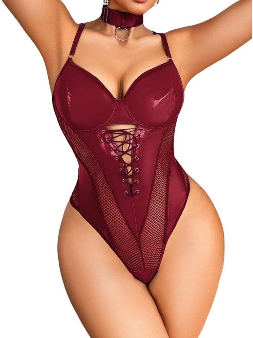 Women's Burgundy Fishnet Corset Body Suit Lingerie  Rave Outfits Bodysuit Tops